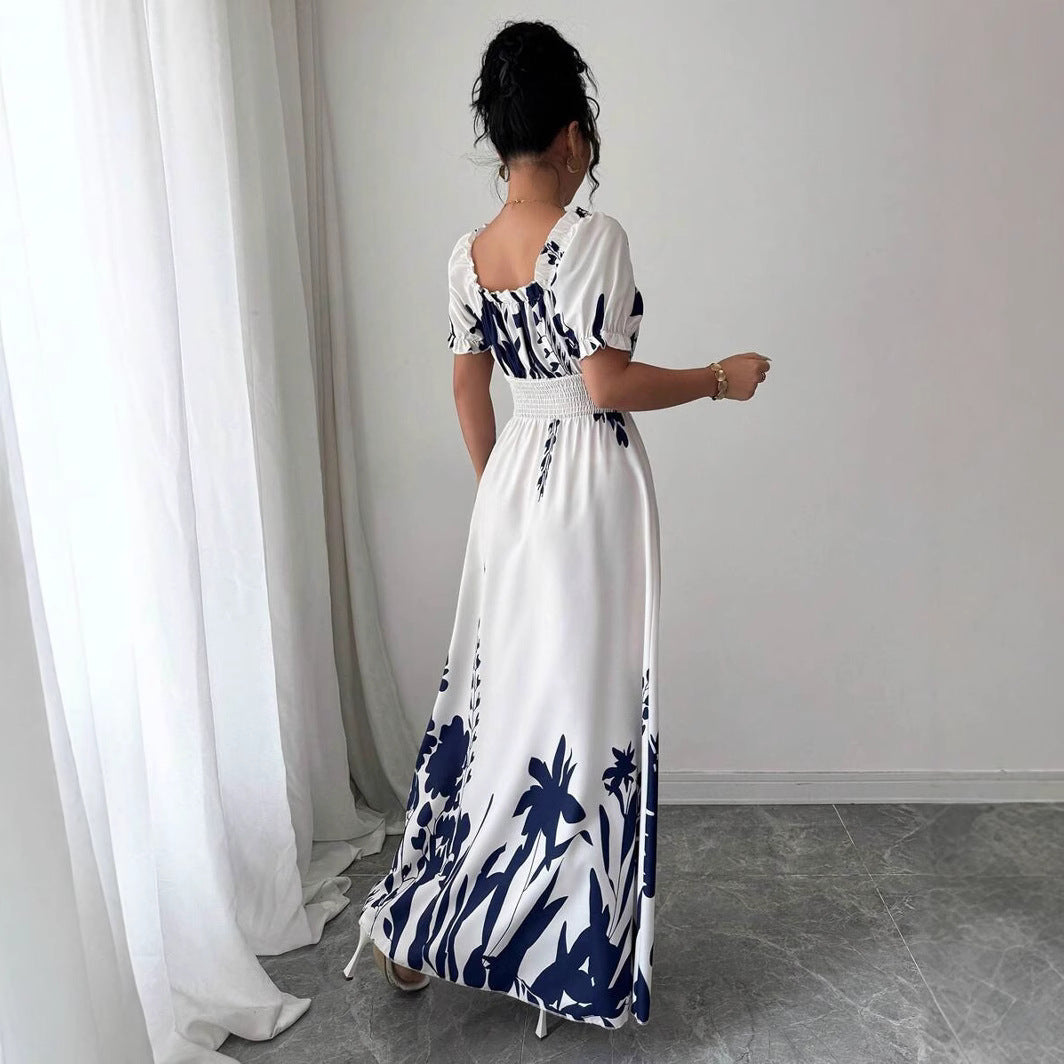 Summer Bubble Sleeve High Waist Tight Waist Women Printed Wear Large Swing Sling Dress