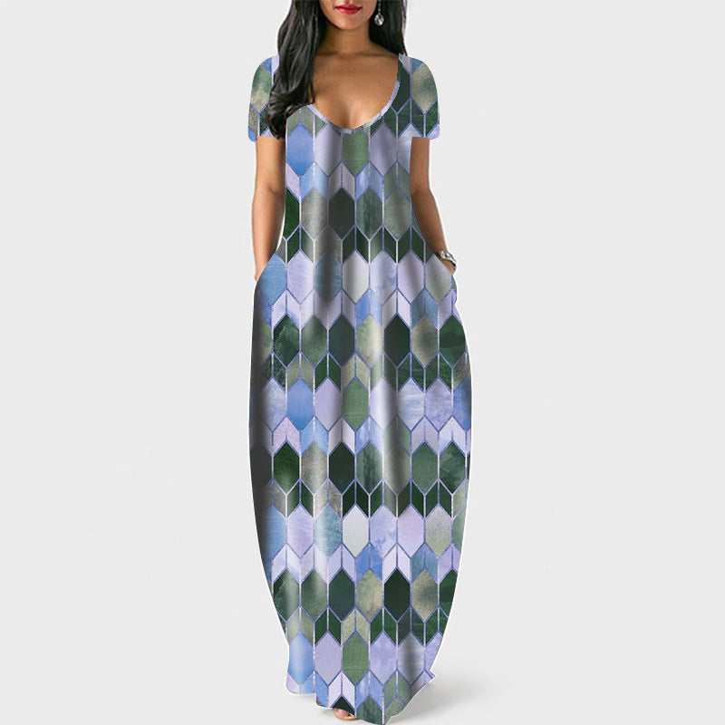 Women round Neck Pocket Short Sleeve Printed Dress