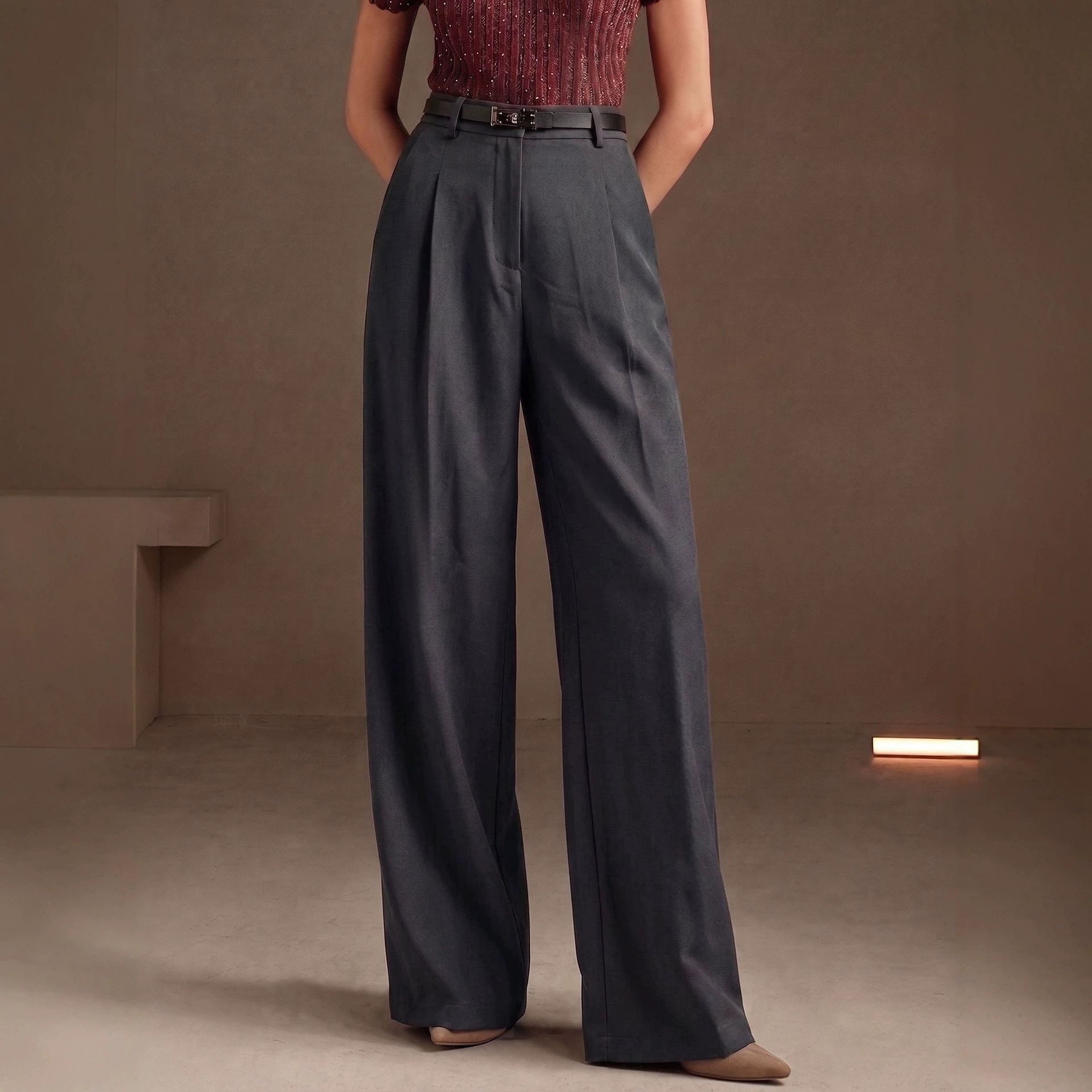 Summer Office Straight Old Money High Waist Drooping Casual Work Pant High Sense Wide Leg Slimming Women Pants（No Belt）