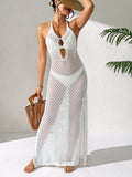 Backless V Neck Knitted Maxi Dress with Cutout Side Slit
