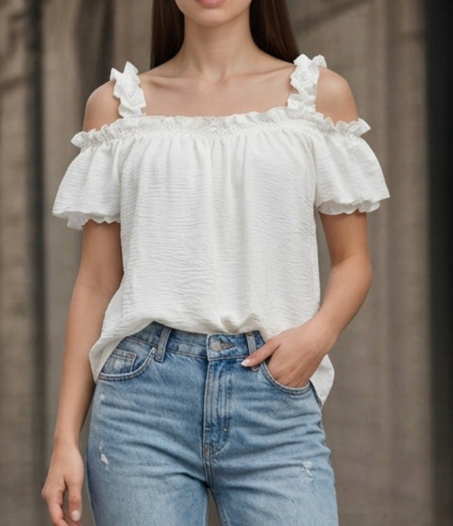 All Match Solid Color V neck Ruffled off the Shoulder Casual Sling Top