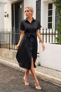 Shirt Dress Women Roll Sleeve Short Sleeve Belt Mid dress Women Summer Women Clothing