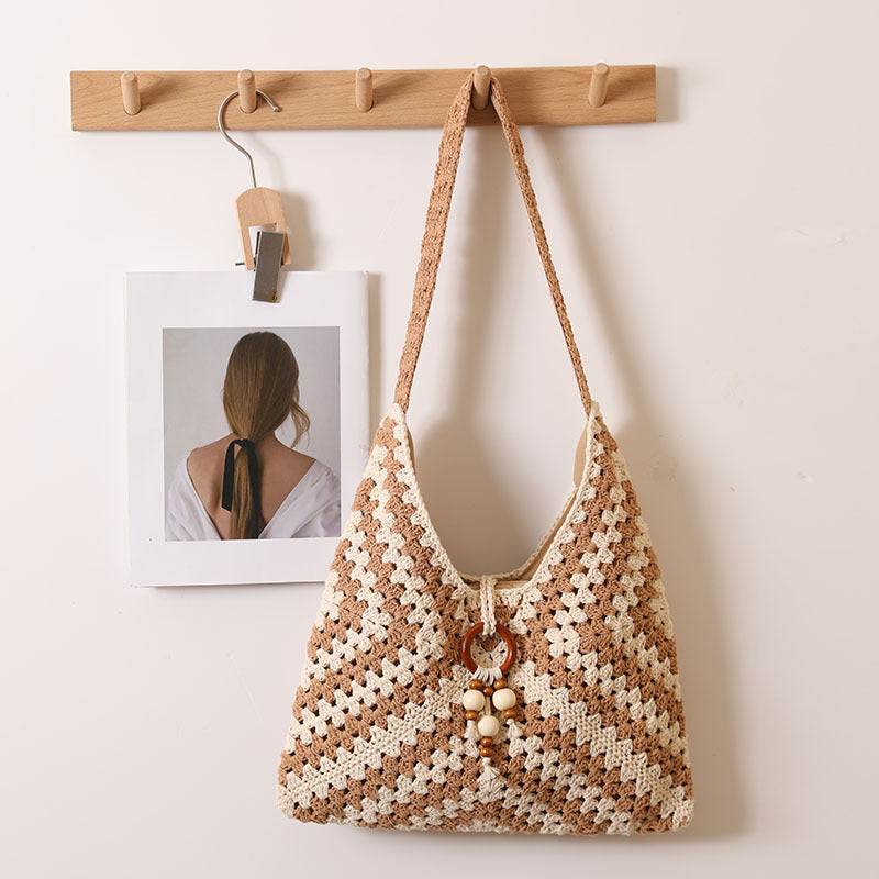 Ethnic Single Shoulder Cotton Thread Woven Bag Color Grandmother Grid Straw Bag Vacation Beach Bag Women Bag