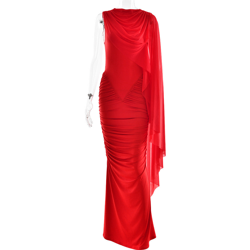 Fashionable Pleated Mesh Shawl Dress Sexy Sheath round Neck Slim Dress