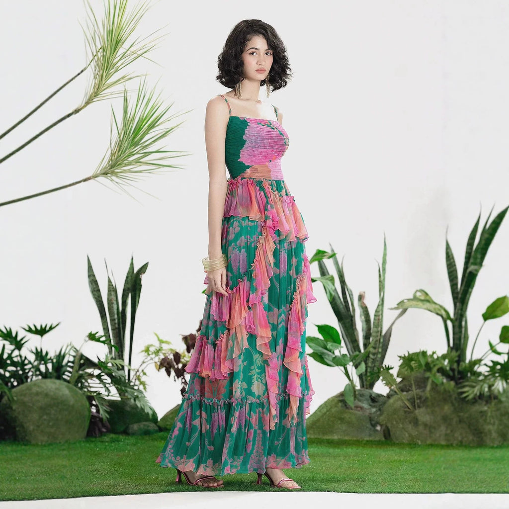 Autumn Floral Print Pleated Suspender Chiffon Midi Dress