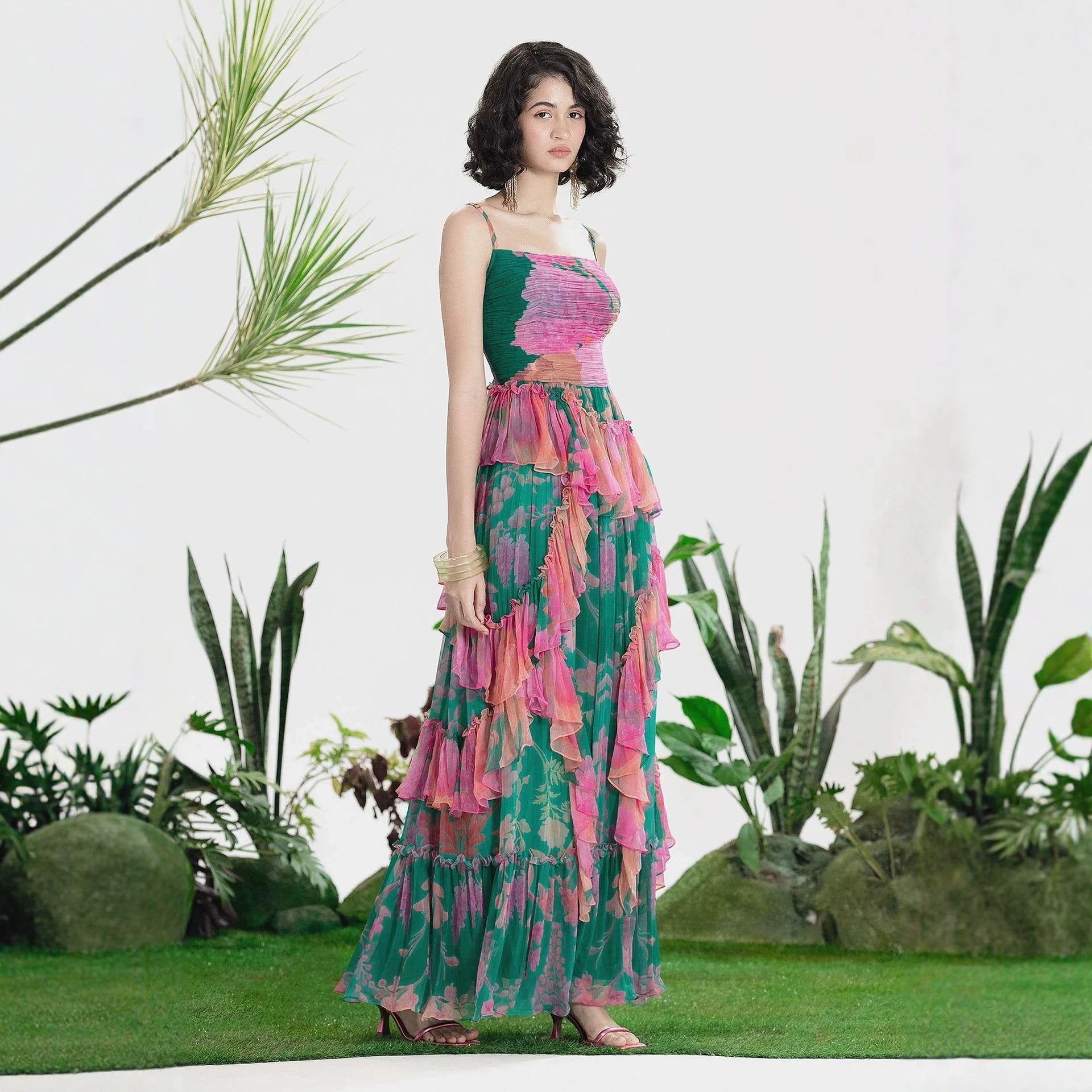 Autumn Floral Print Pleated Suspender Chiffon Midi Dress