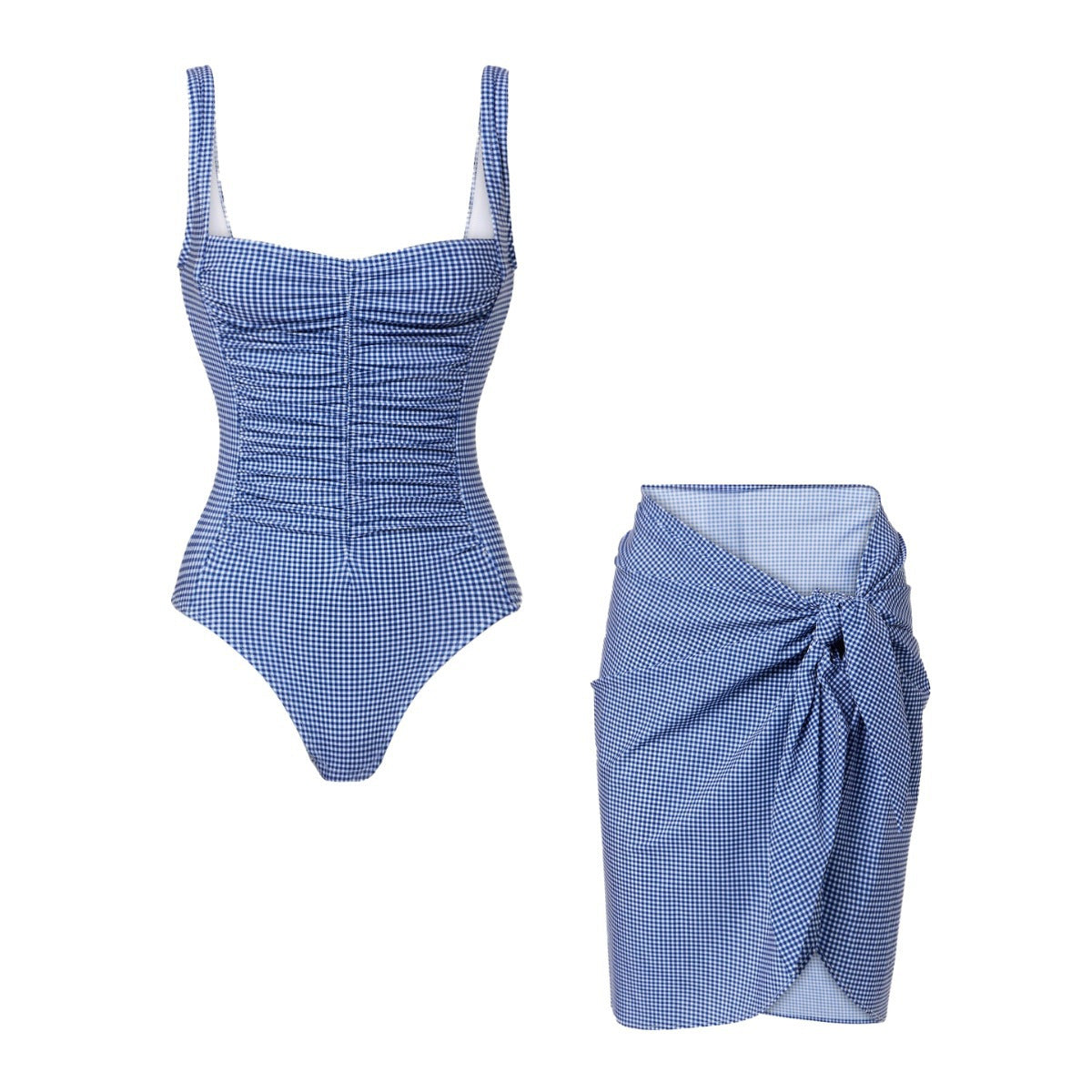 Korean Blue White Plaid Square Collar Pleating One Piece Swimsuit Women Two Piece Set Spring Vacation Swimsuit Set