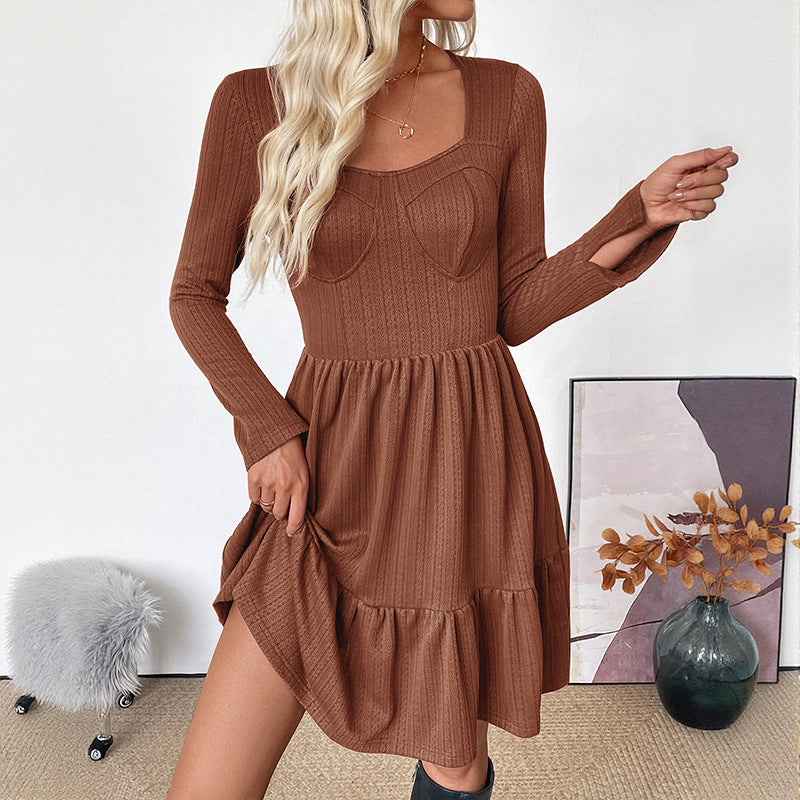Autumn Elegant Retro Waist Trimming Knitted Solid Color Square Collar A line Dress