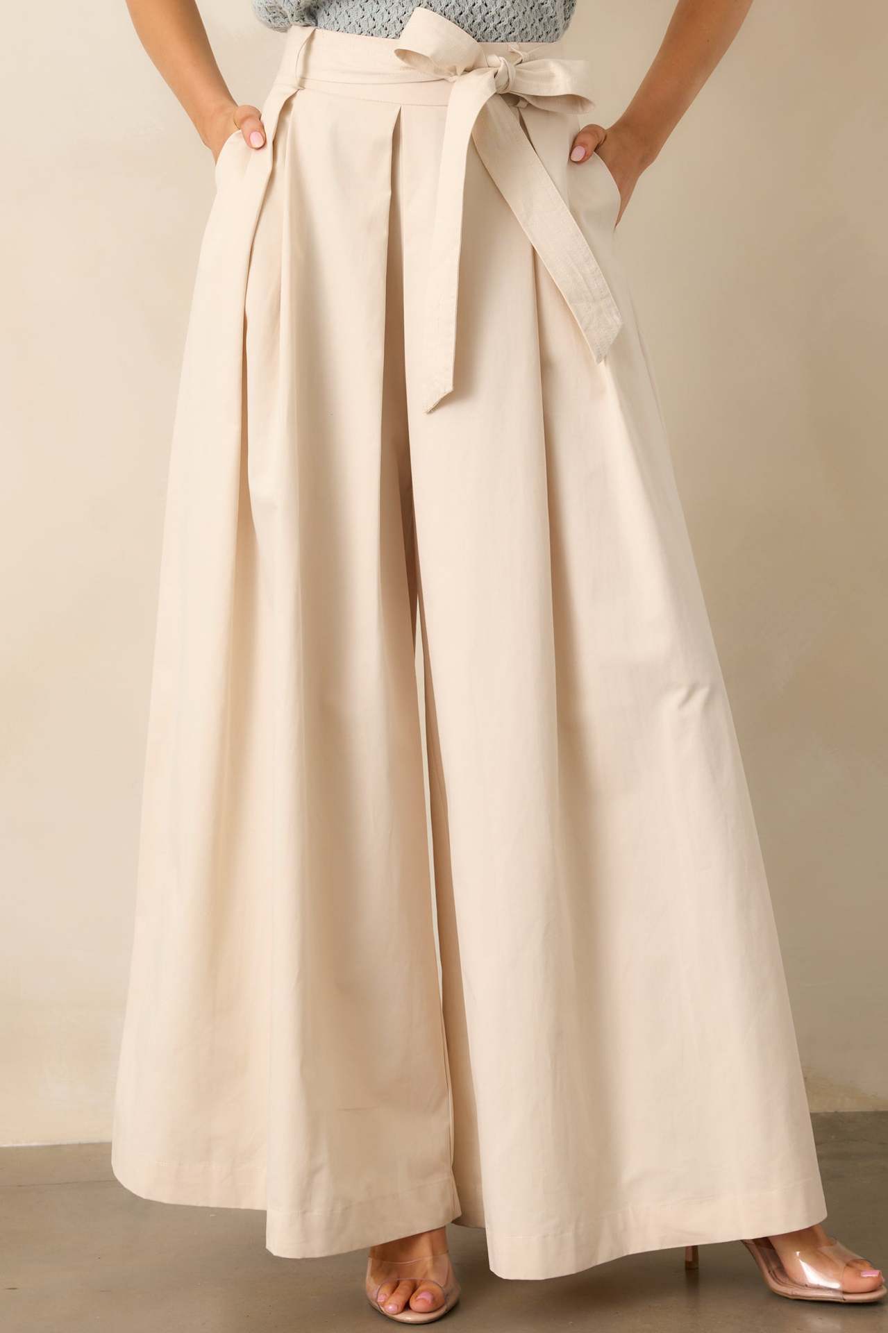 Women's Apricot High-Rise Belted Pleated Straight Leg Pants - Image 5