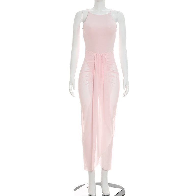 Women Clothing Summer Mesh Splicing Sling Backless Lace up Pleated Sexy Dress Women