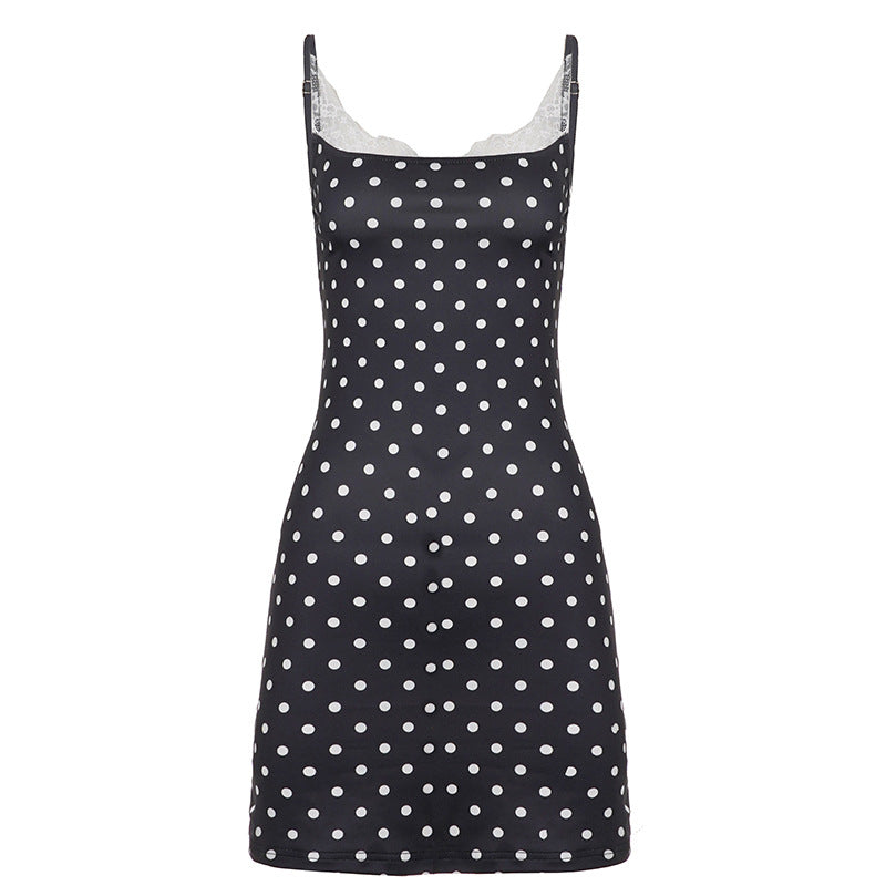 Summer Women Sexy Lace Stitching Polka Dot Brace A line Dress