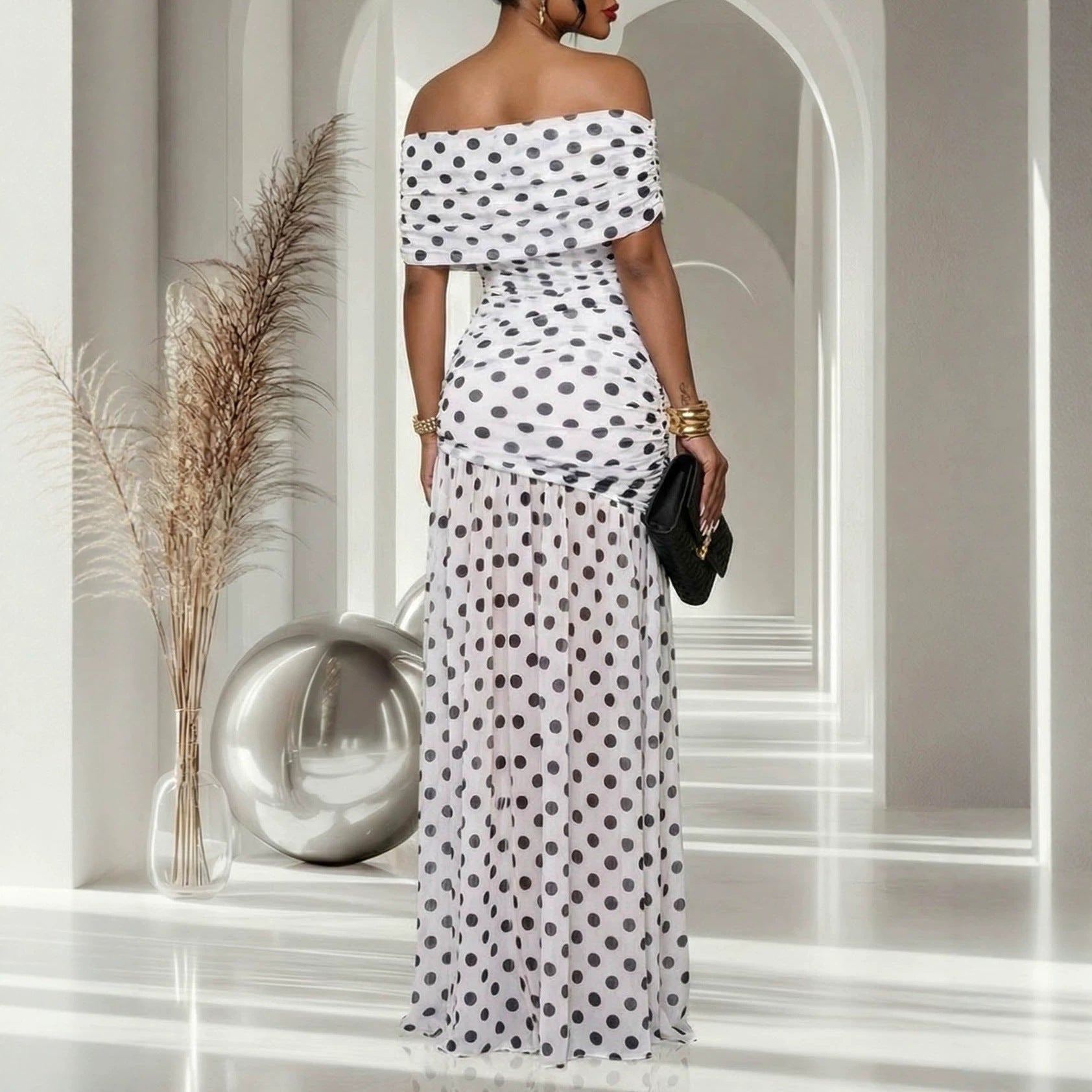 Women Dress Polka Dot Split Patchwork Cold Shoulder Cocktail Sheath Dress