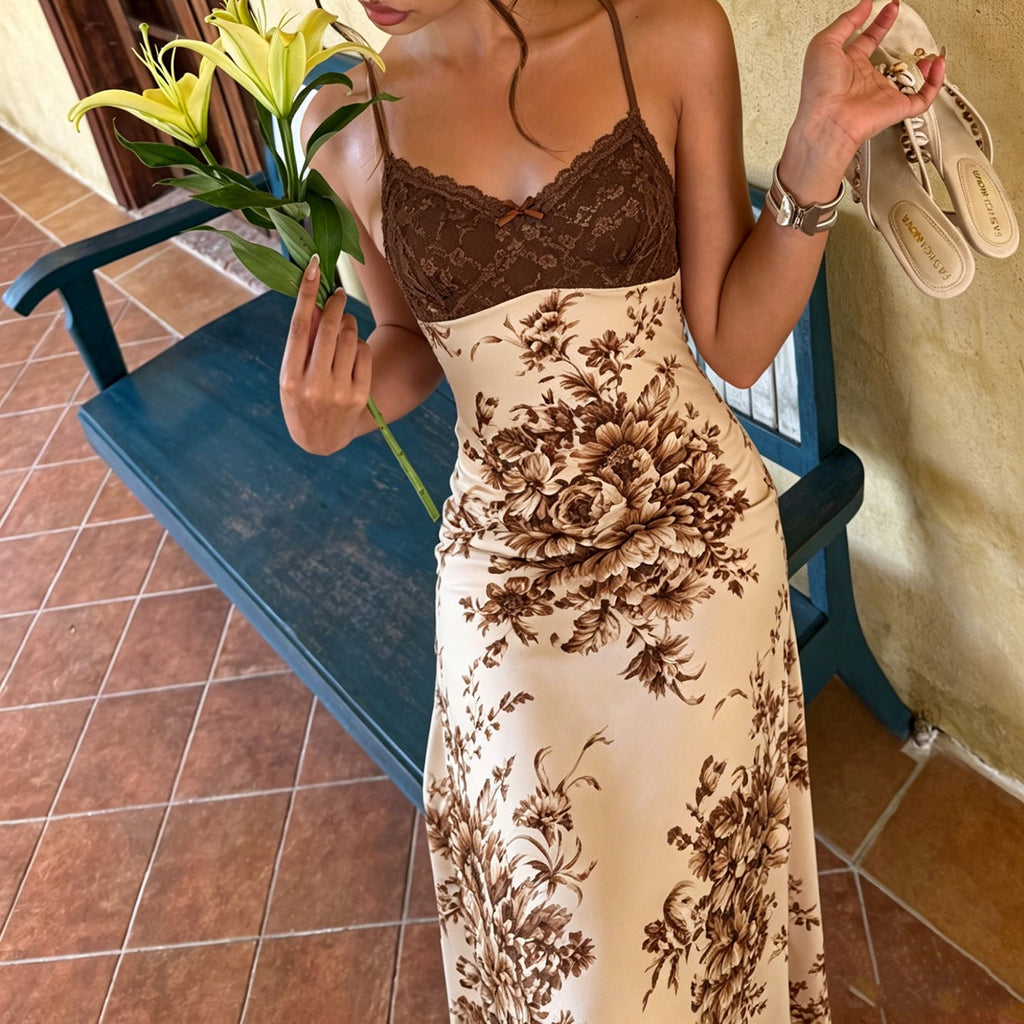 Sexy Retro Lace Stitching Chest Strap Dress French Elegant Romantic Floral Dress