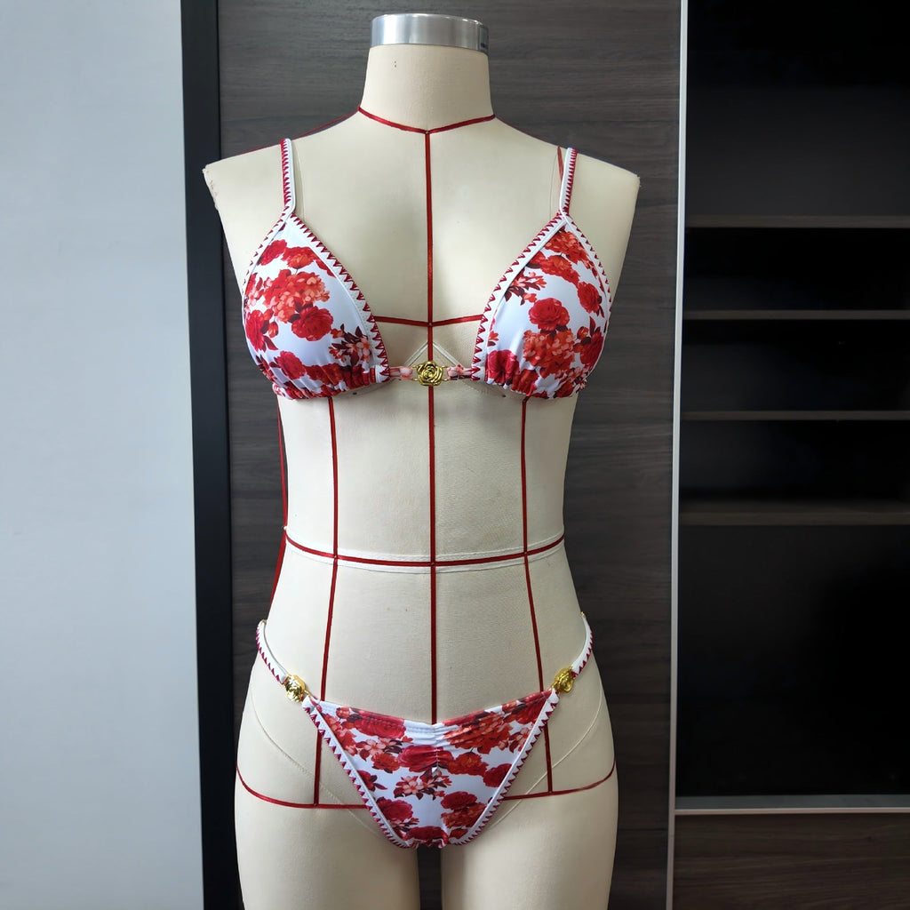 Rose Floral Print Low-Waist Lace-Up Bikini Set