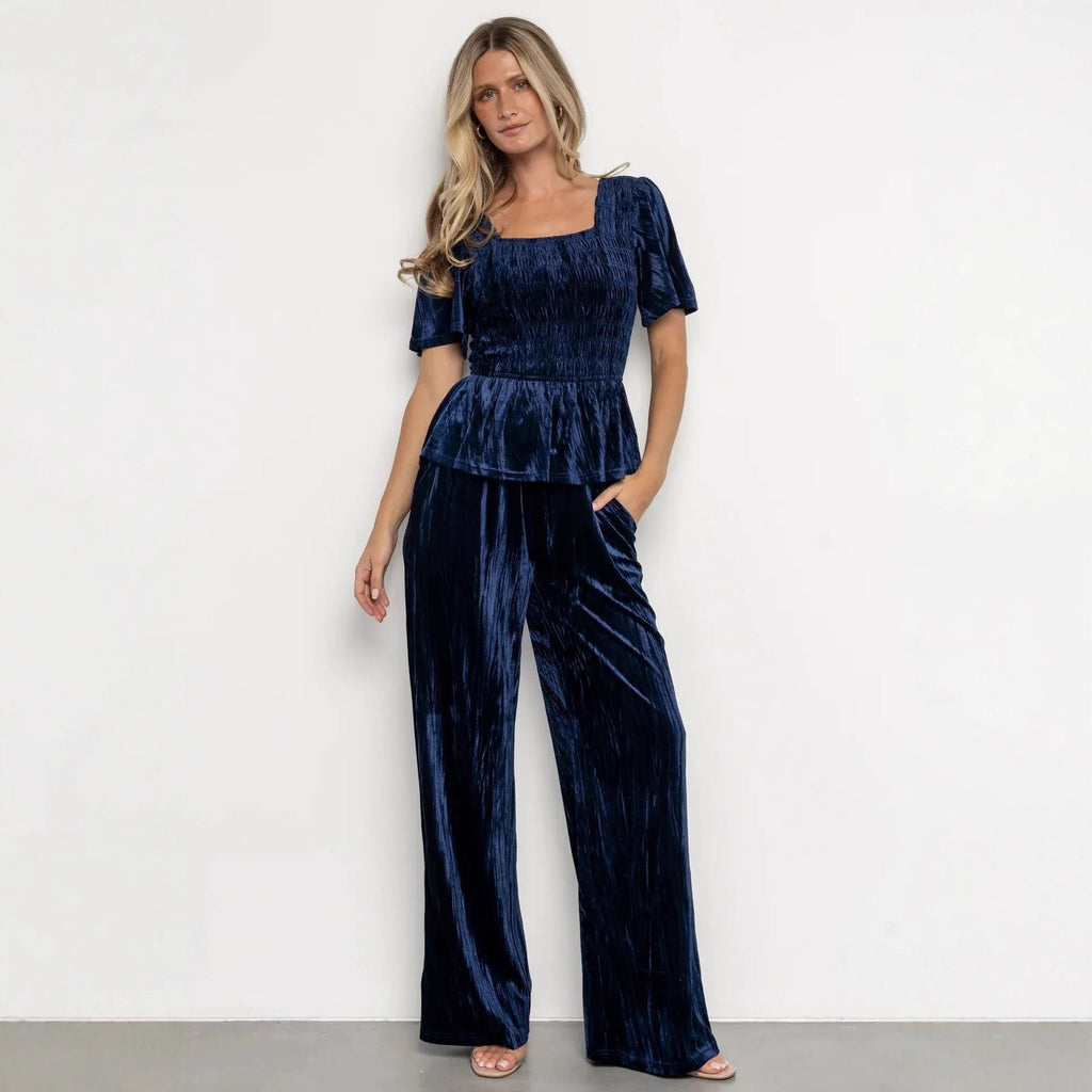 Velvet Women Solid Color Pleated Slim Casual Short Sleeved T shirt Pants Wide Leg Two Piece Set