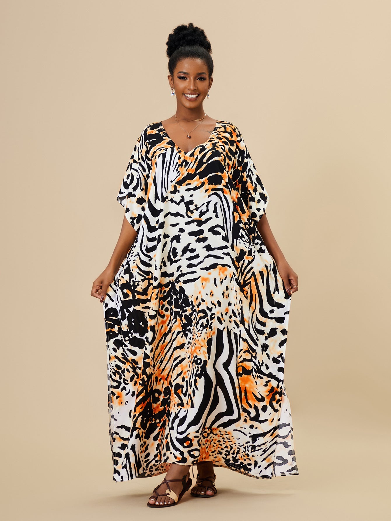Loose Long Beach Cover Up Rayon Positioning Print Holiday Robe Dress Women