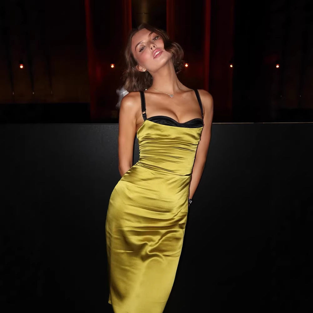 Elegant Lady Green Satin Contrast Color Bandeau Sling Women Clothing Solid Color Elegant Dress for Women