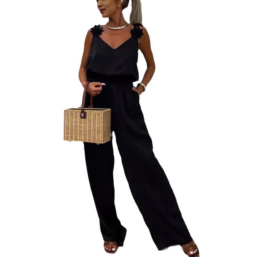 Relaxed Sleeveless V-Neck Wide-Leg Jumpsuit with Pockets