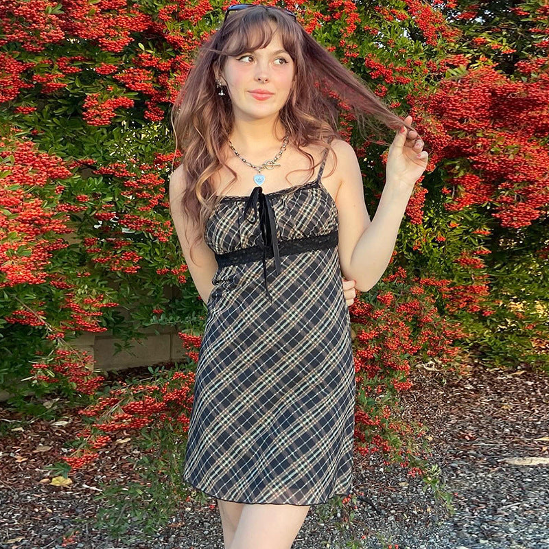 French Spring Sweet Fresh Plaid Strap Sexy Lace Stitching Dress A Line Dress