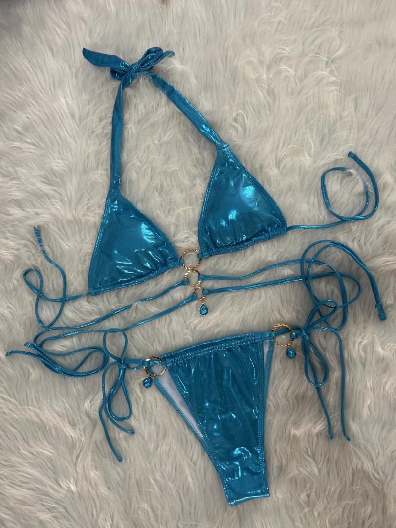 Crystal Diamond Triangle Bikini Set with Halter Strap & Ring Detail