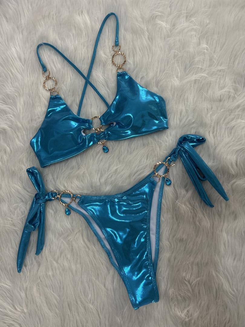 Glamorous Rhinestone Cutout Halter Bikini Set - Vacation Swimwear