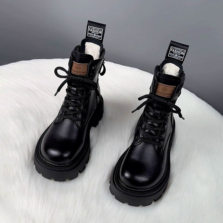 Women Fur Lined Platform Combat Boots Winter Black Ankle Boots - Image 6
