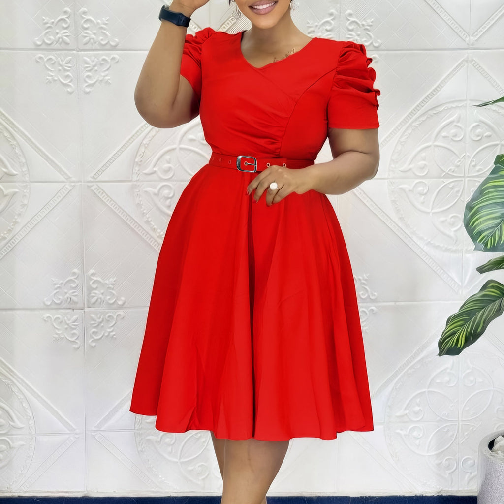 Women Clothing Pleated Elegant V neck Large Swing Dress