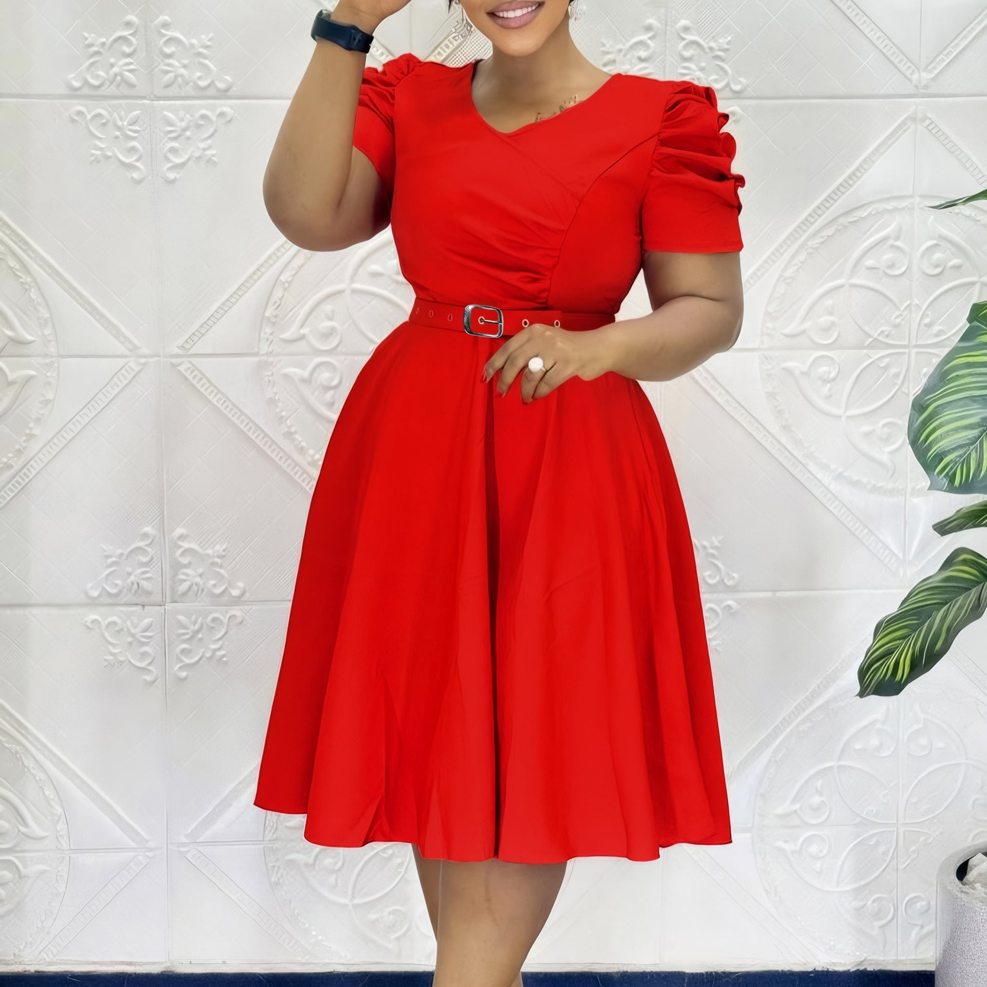 Women Clothing Pleated Elegant V neck Large Swing Dress