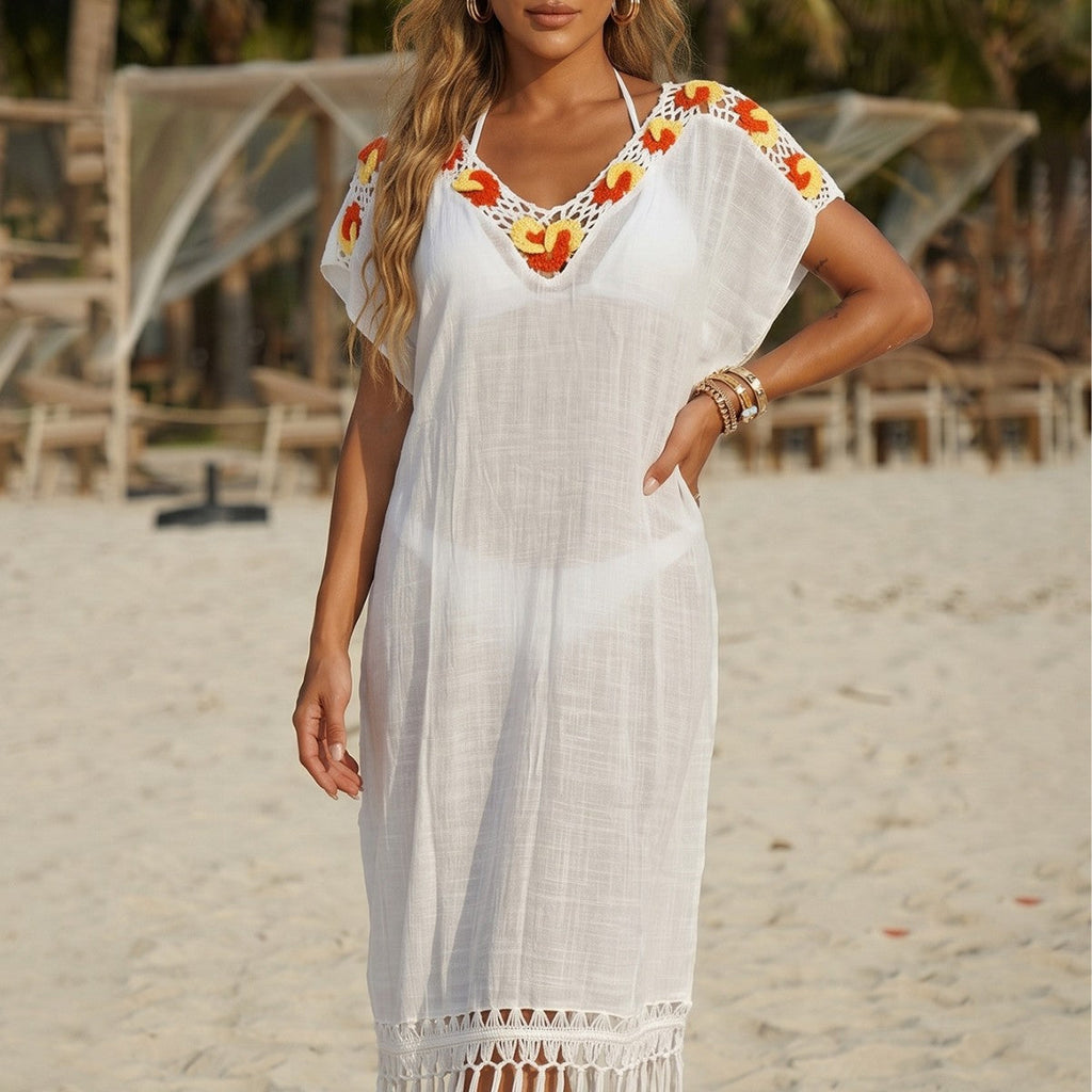 Boho Crochet Fringe Maxi Beach Dress - Sleeveless Vacation Coverup