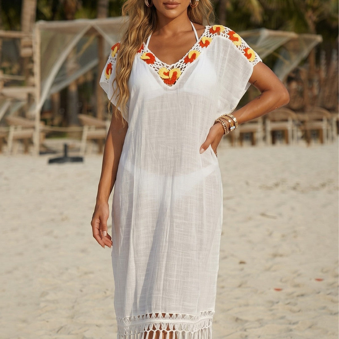 Boho Crochet Fringe Maxi Beach Dress - Sleeveless Vacation Coverup