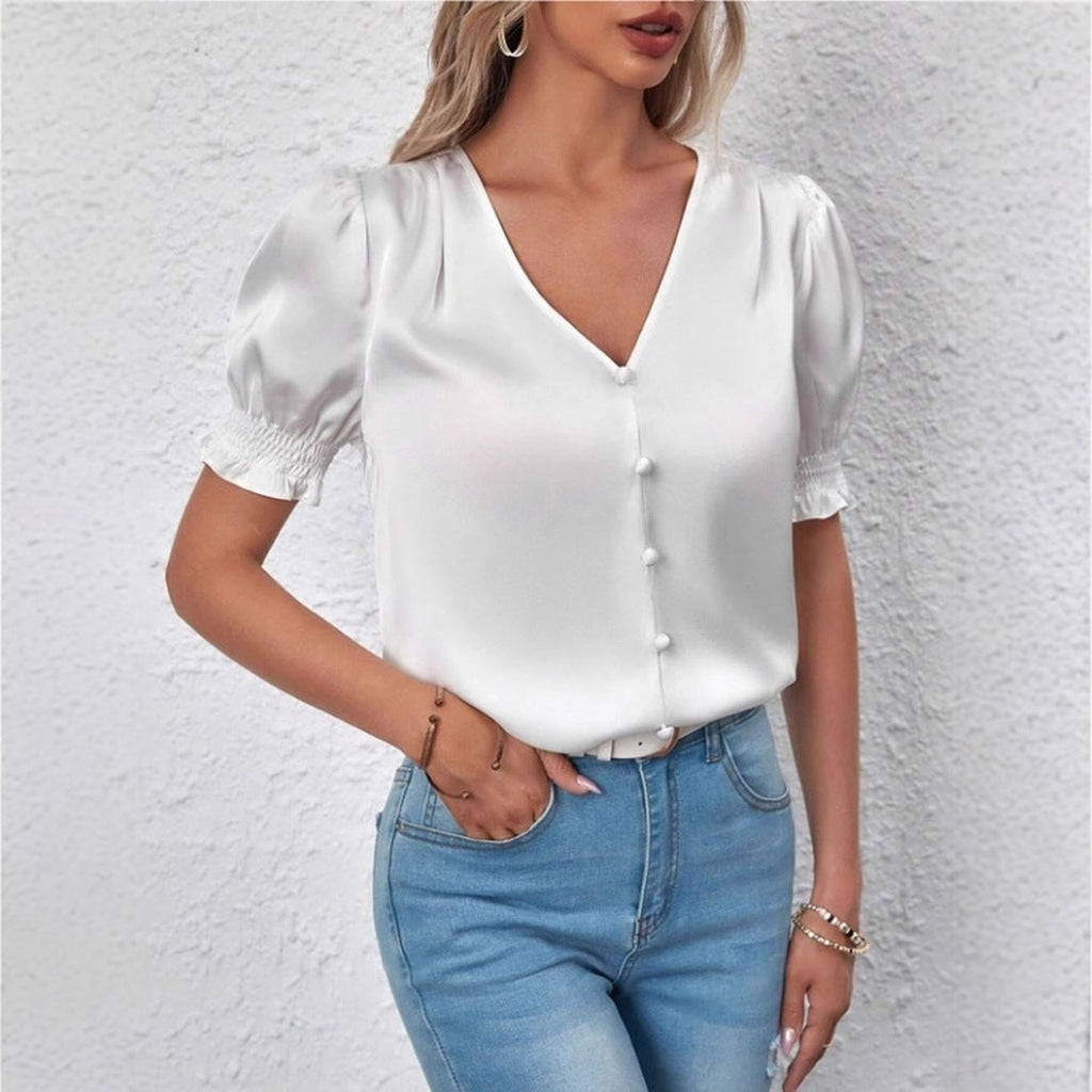 Satin V neck Buttons Shirt Spring Autumn French Casual Short Sleeve Ruffle Blouse