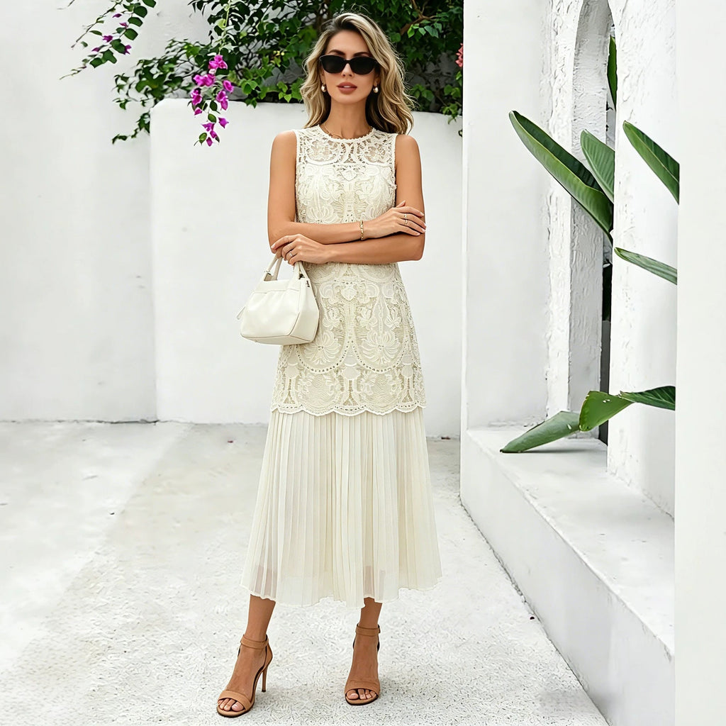 French Heavy Industry Jacquard Embroidery Faux Two Piece Sleeveless Dress Women Niche Design Pleated Midi Dress Summer