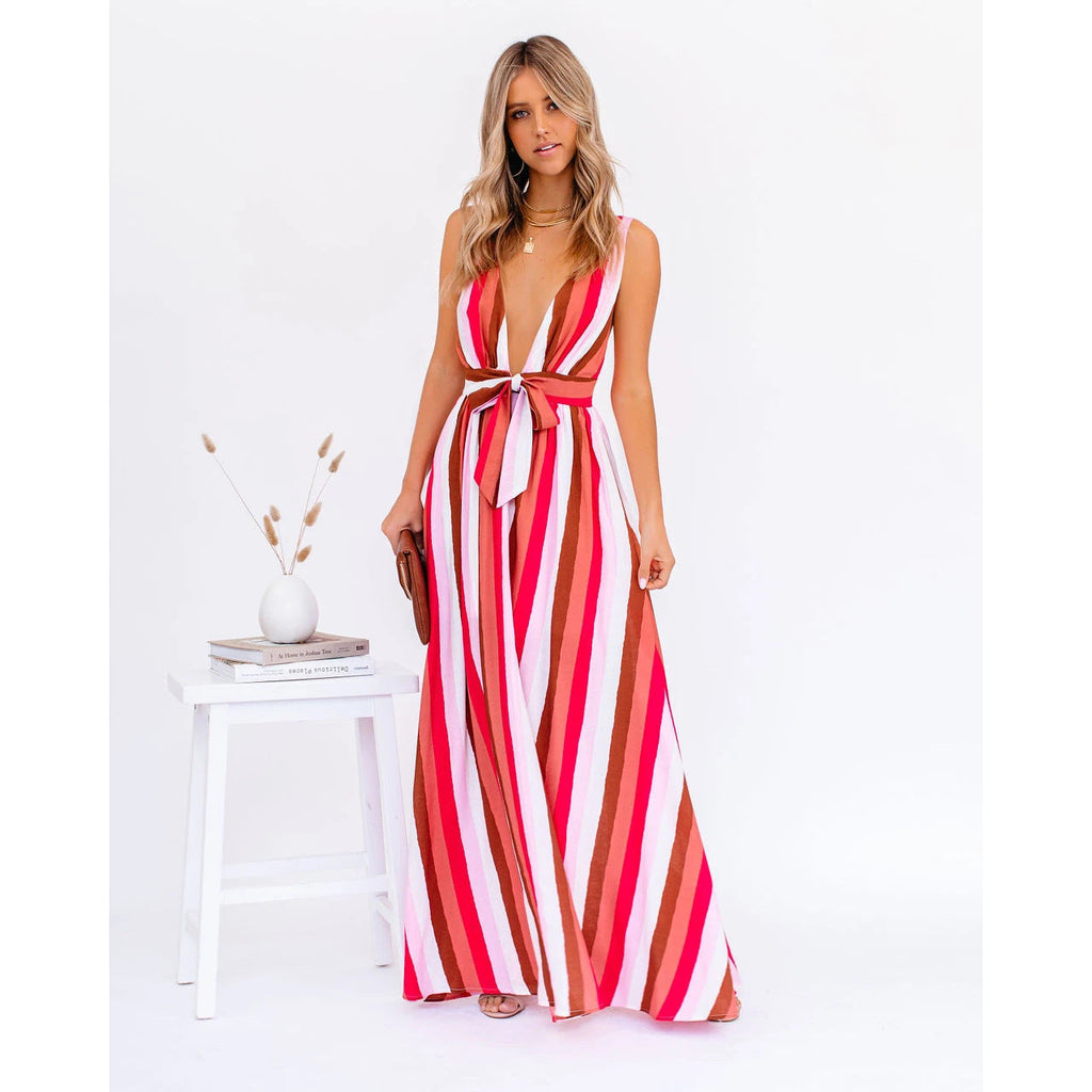 Sexy Strap Deep V Plunge Striped Casual Dress Home Loose Lace up Large Swing