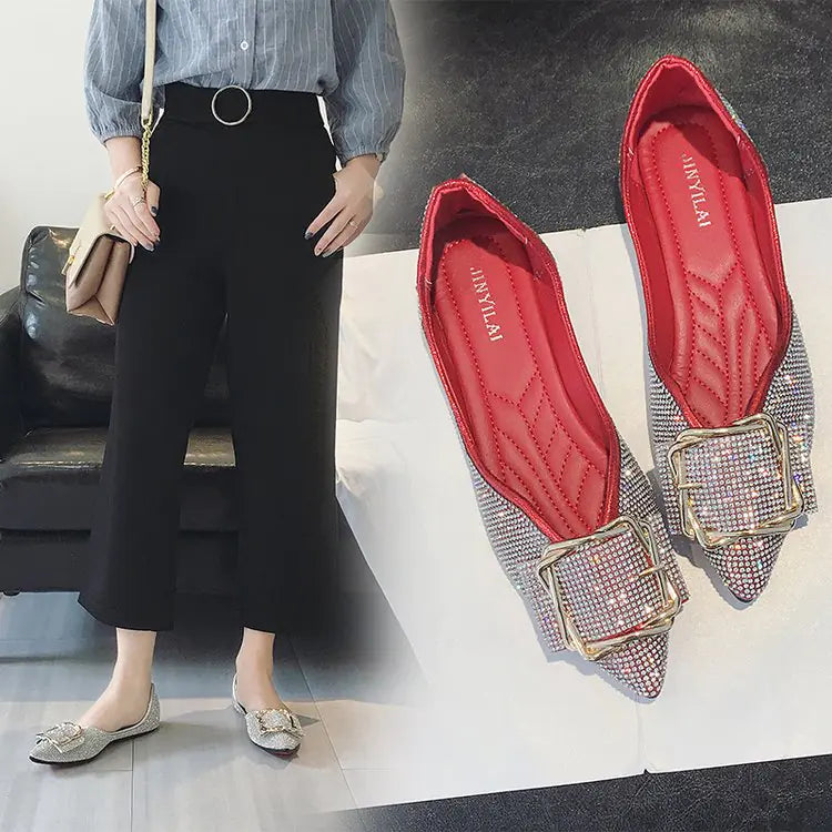 Style Pointed Toe Rhinestone Flat Shoes