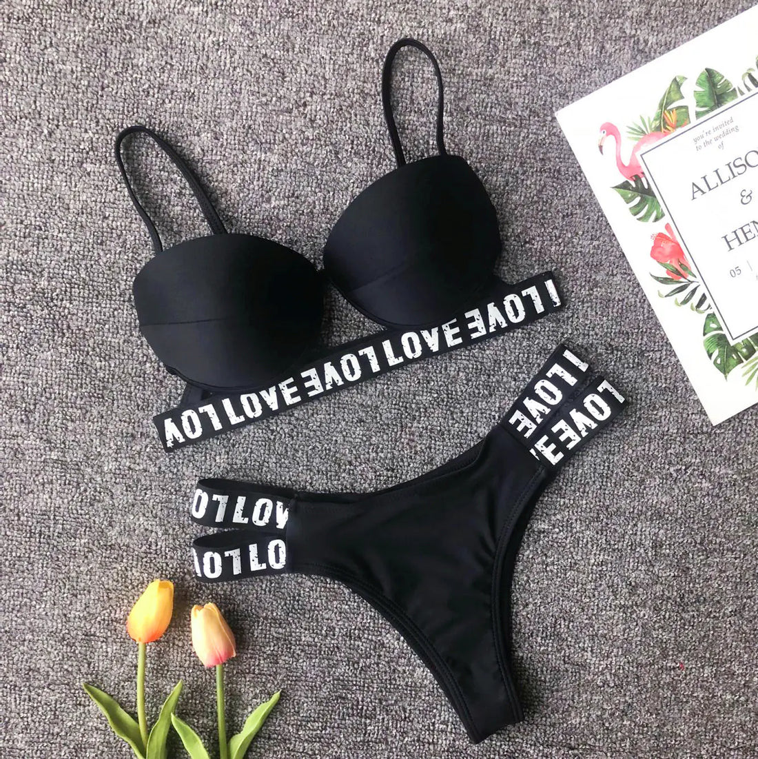 Women's Letter Print Bikini Swimsuit Set with Padded Top - Image 3