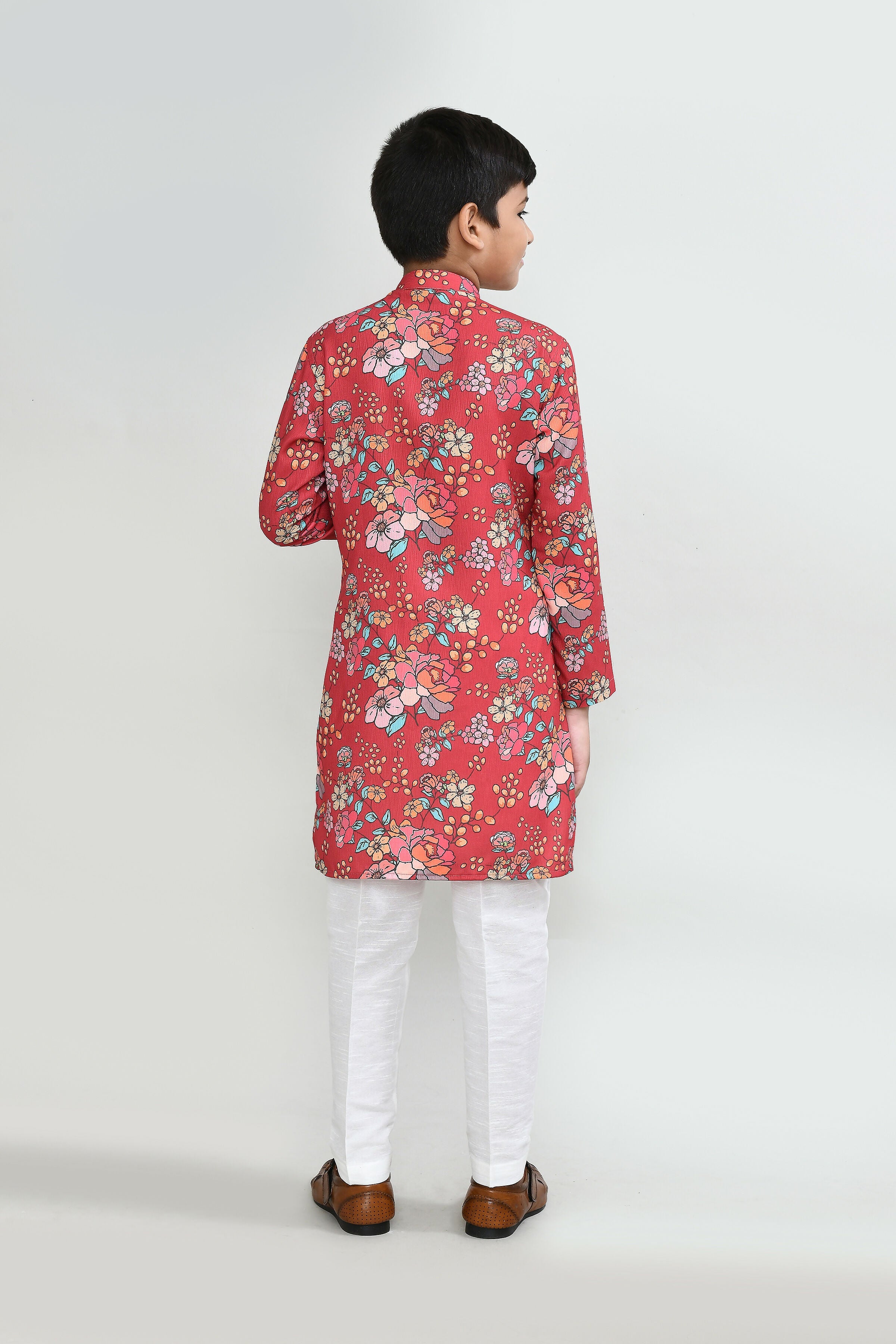 Red Cotton Silk Kurta Set with White Straight Fit Pants