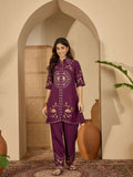 Elegant purple Roman Silk kurta with intricate embroidery and shirt collar