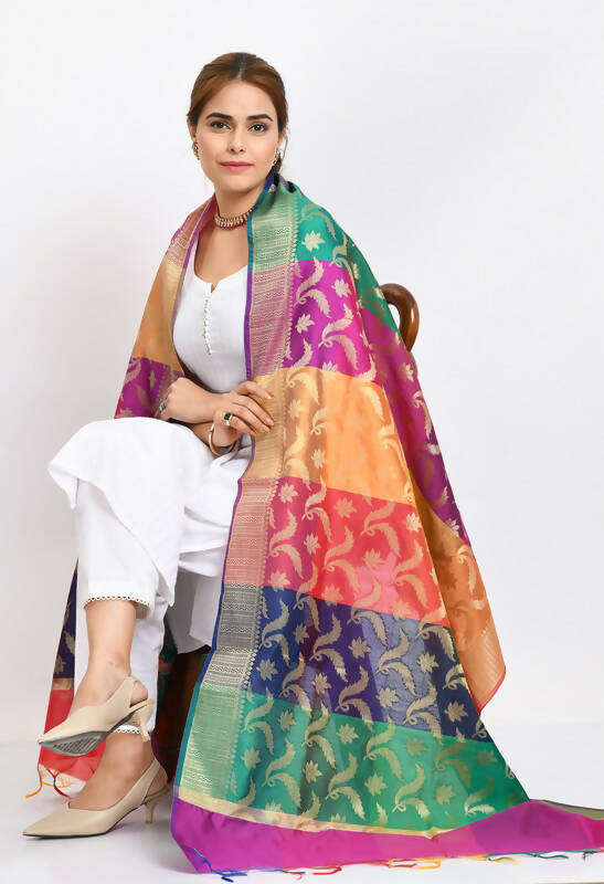 Multi-Color Banarsi Silk Floral Woven Dupatta