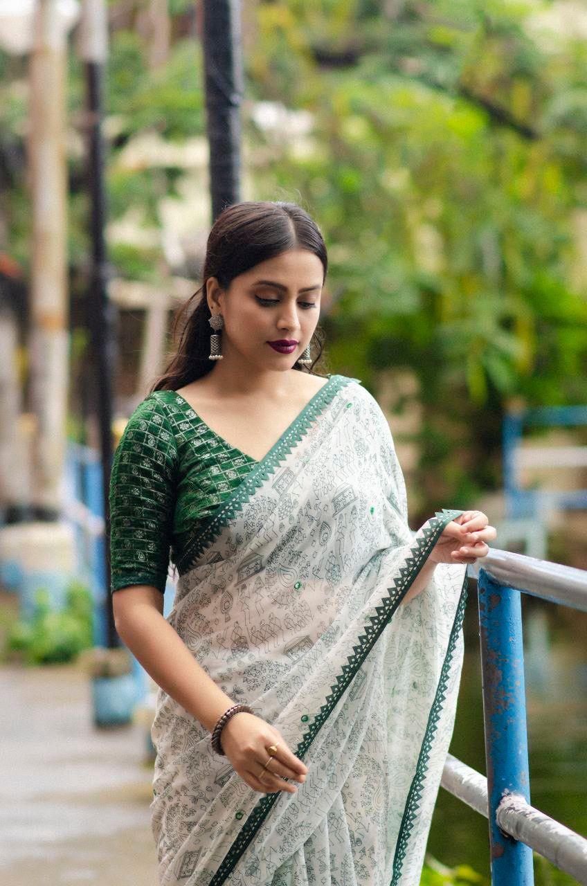 Green Pure Georgette Warli Printed Saree with Blouse Piece