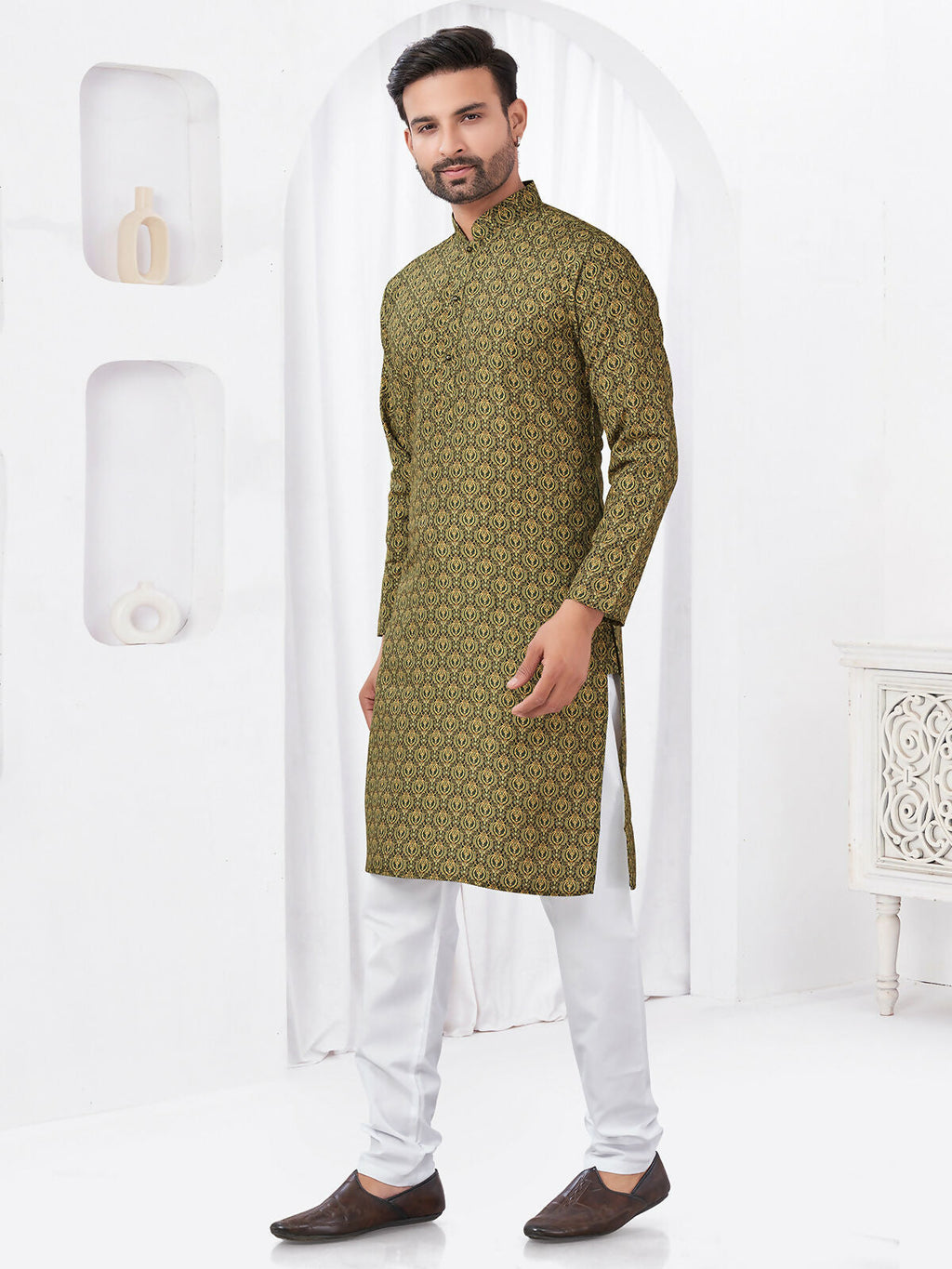 Boys Olive Printed Kurta Pyjama Set for Festive Comfort
