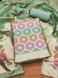 Green unstitched Zari Woven Organza suit set with jacquard weaving