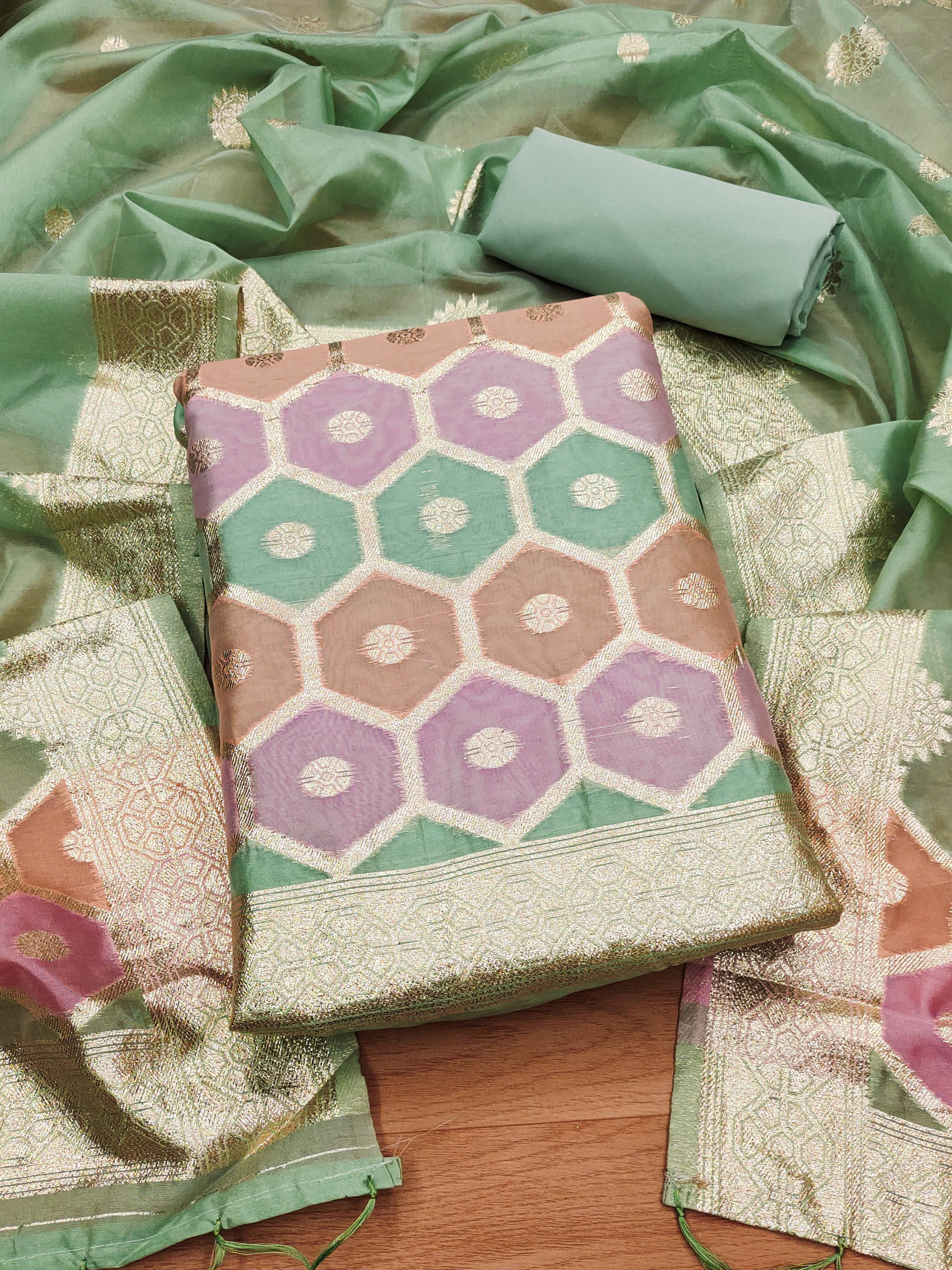 Green unstitched Zari Woven Organza suit set with jacquard weaving