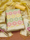Yellow heavy organza unstitched suit fabric with zari jacquard design