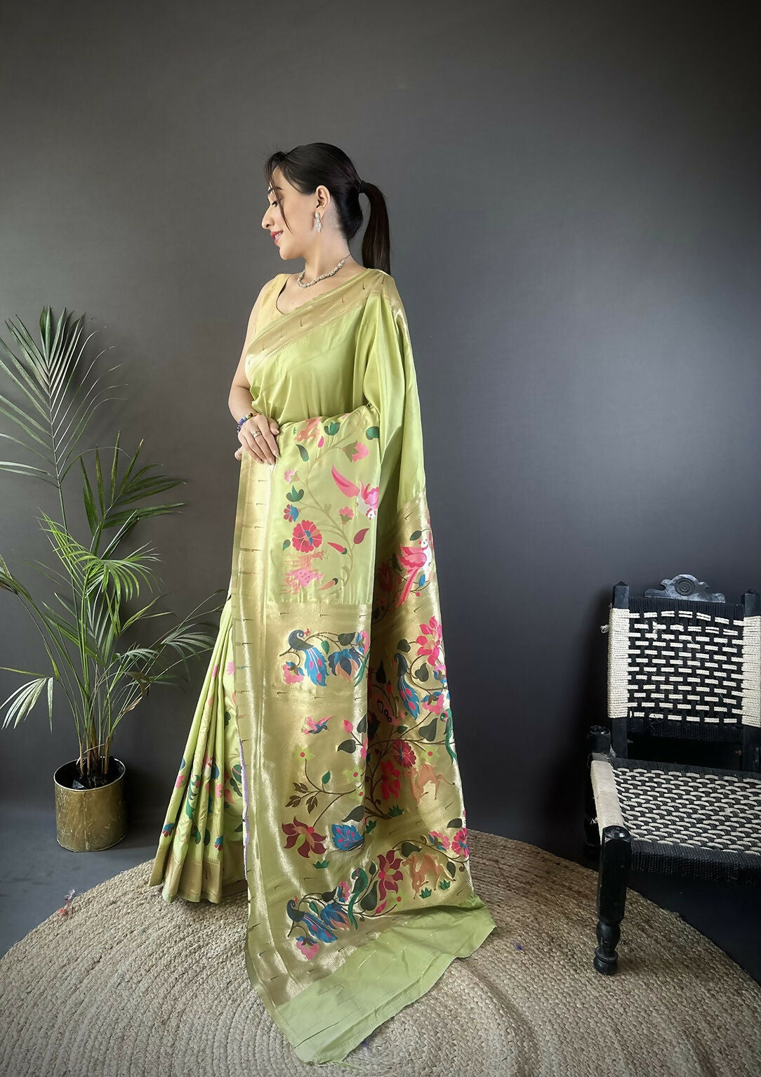 Pista Green Floral Paithani Saree in Soft Silk with Blouse