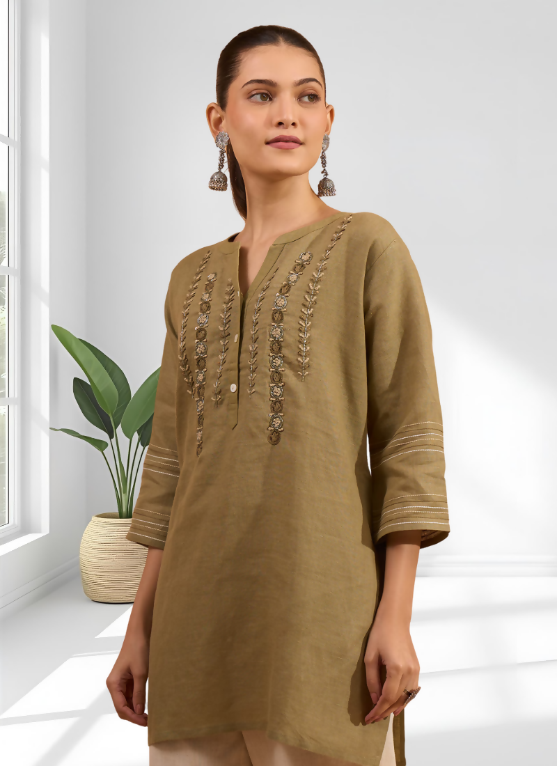 Light Brown Linen Embroidered Tunic with Split V-Neck
