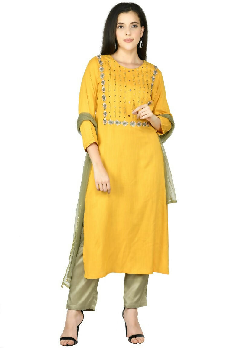 Mustard Cotton Rayon 3-Piece Kurta Set with Dupatta
