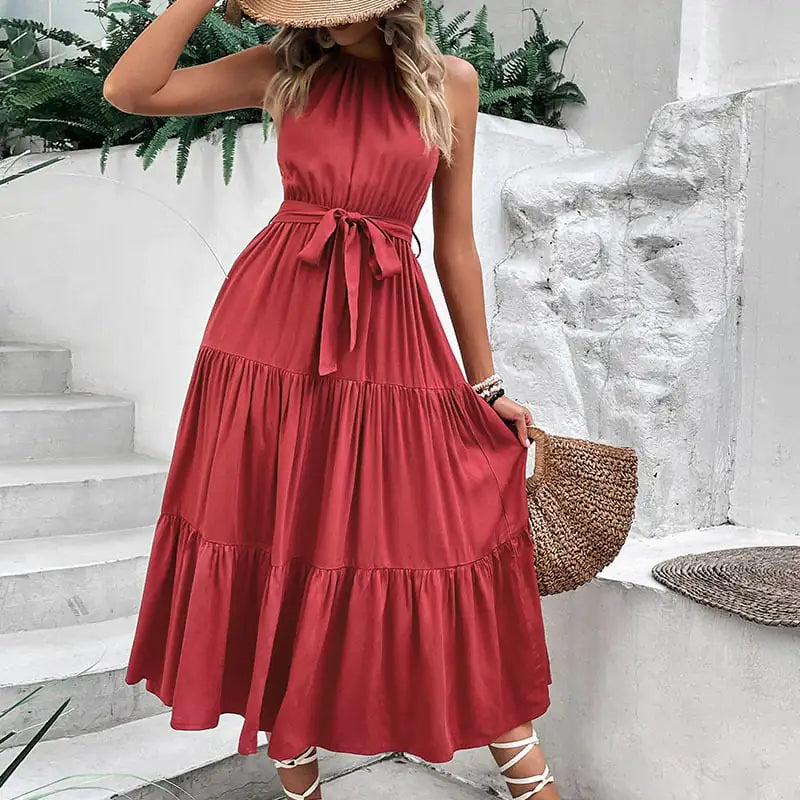 Women's Wine Red Halter Midi Dress with Tiered Ruffle Hem - Image 5