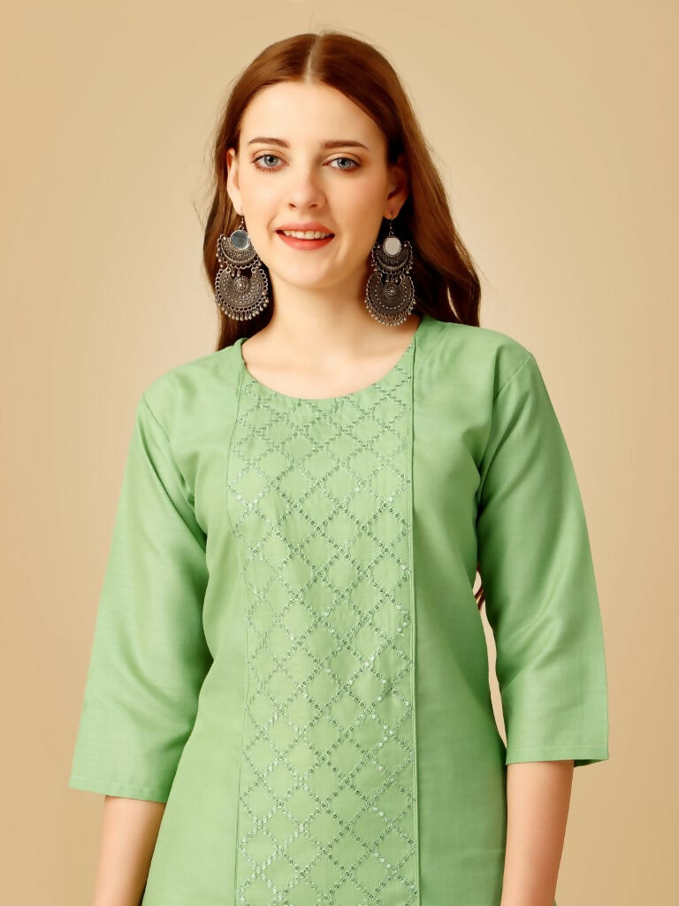Women's Lime Green Embroidered Cotton Blend Kurta Pant Set