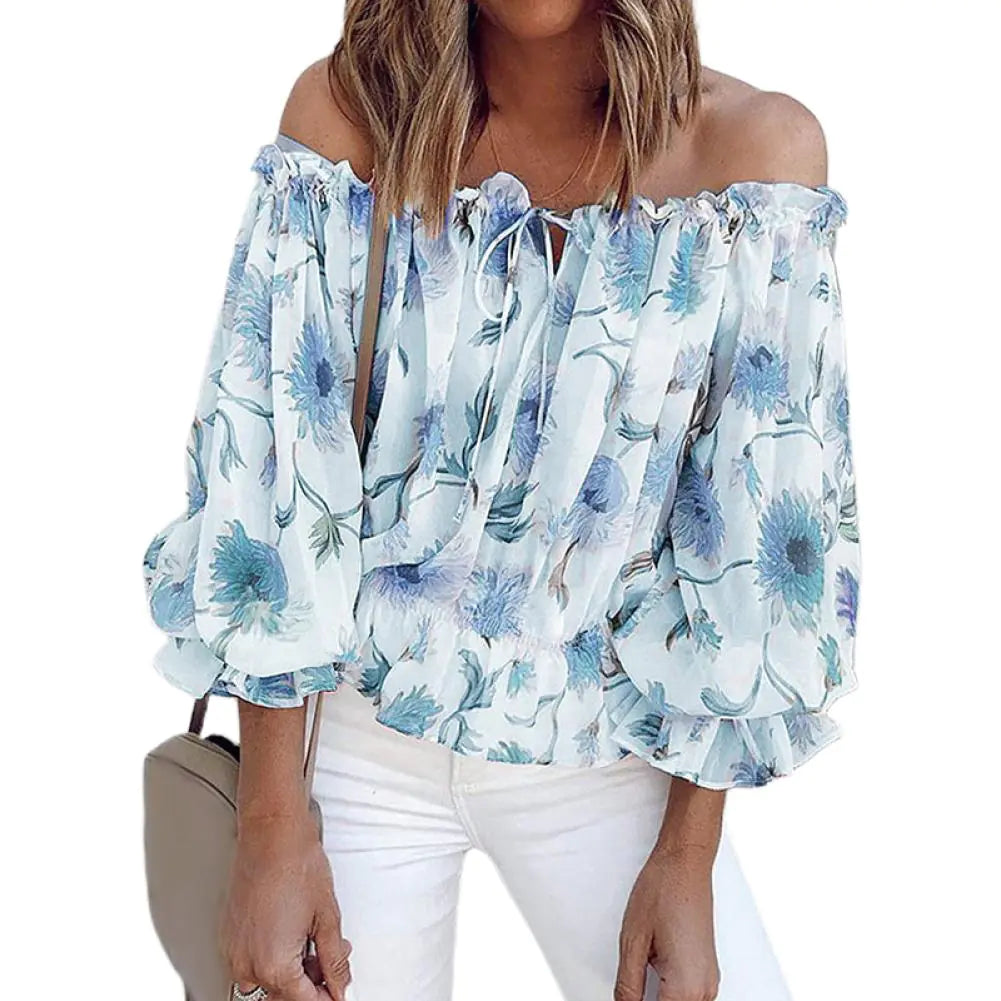Women's Floral Off-Shoulder Chiffon Long Sleeve Blouse - Image 19