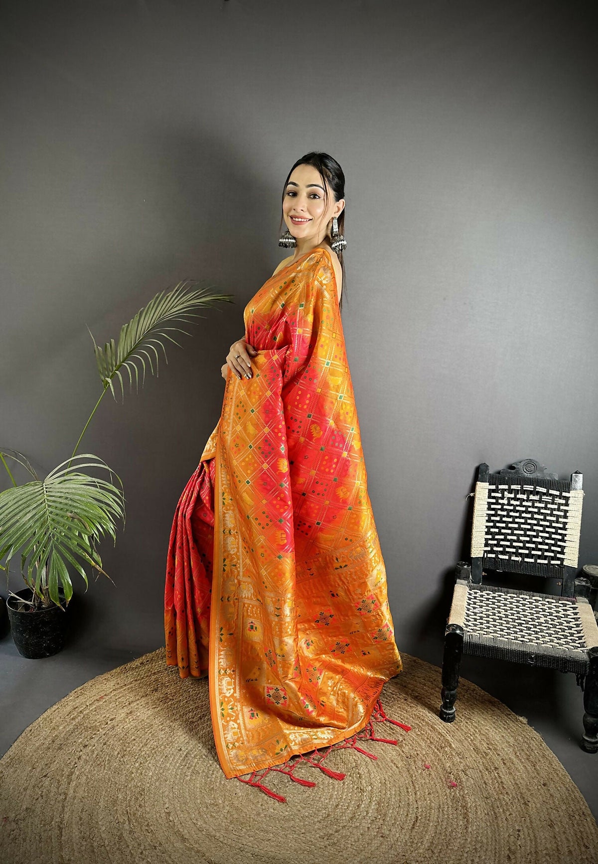 Pastel Orange Geometric Pattern Soft Silk Patola Saree